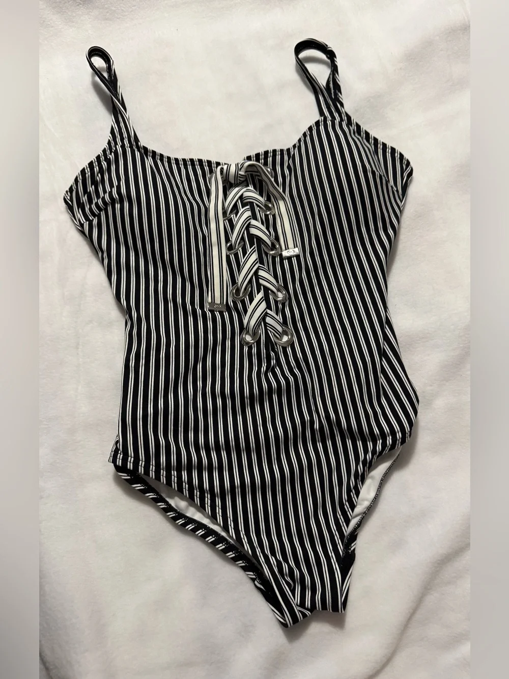 Michael Kors Black & White Striped Lace-Up One-Piece Swimsuit Size 12